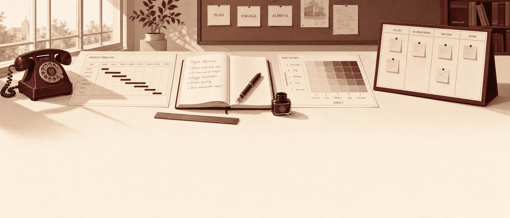 Composition éditoriale rassemblant les outils d'AgilisProject : matrice, Gantt, Kanban, dans une ambiance crème et bordeaux.