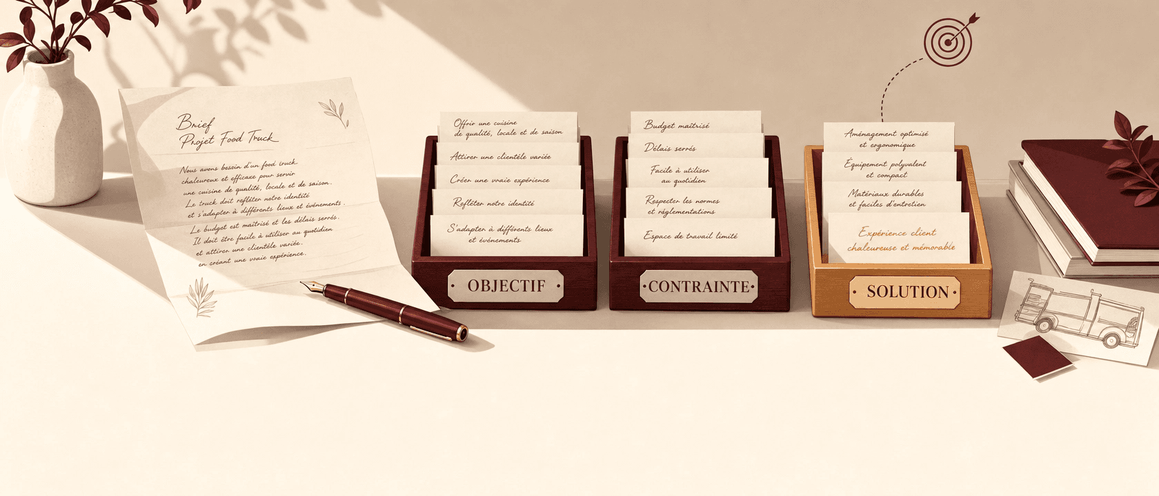 Un brief manuscrit du commanditaire trié à la main dans trois bacs étiquetés objectif, contrainte et solution, sur papier crème.