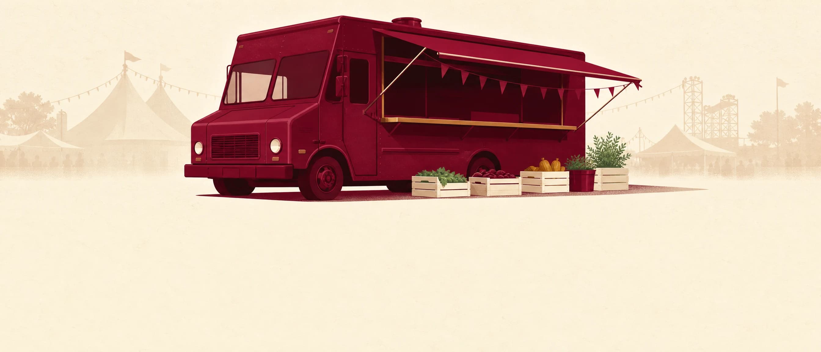 Un camion-restaurant installé sur un site de festival au petit matin, avant l'ouverture.