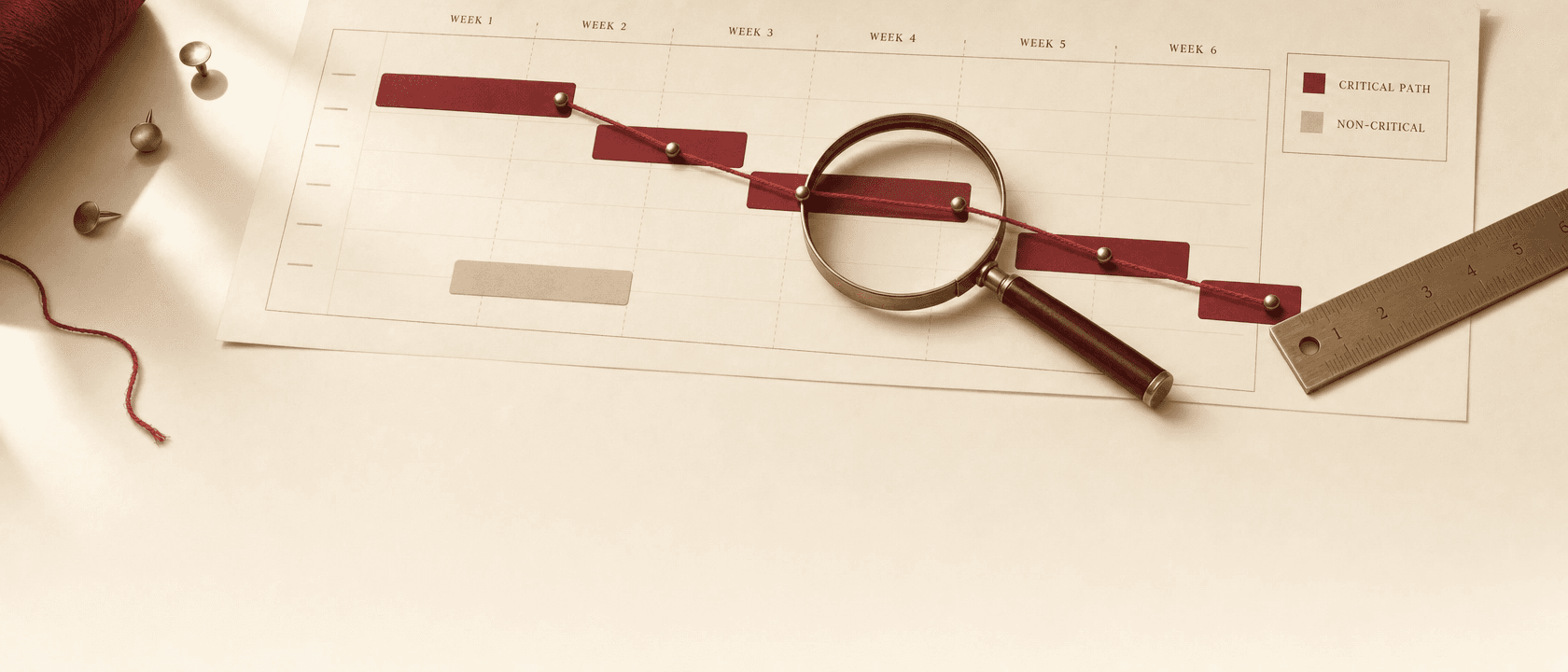 Diagramme de Gantt avec cinq barres bordeaux reliées par un fil rouge tendu et une barre beige non critique, sous une loupe en laiton.