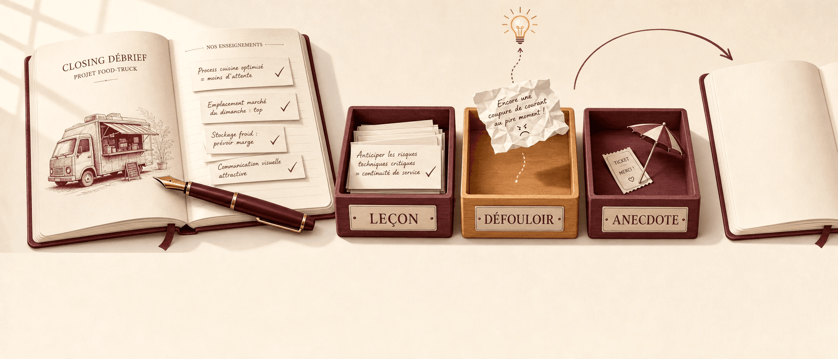 Un carnet de retour d'expérience trié à la main dans trois bacs étiquetés leçon, défouloir et anecdote, sur papier crème.