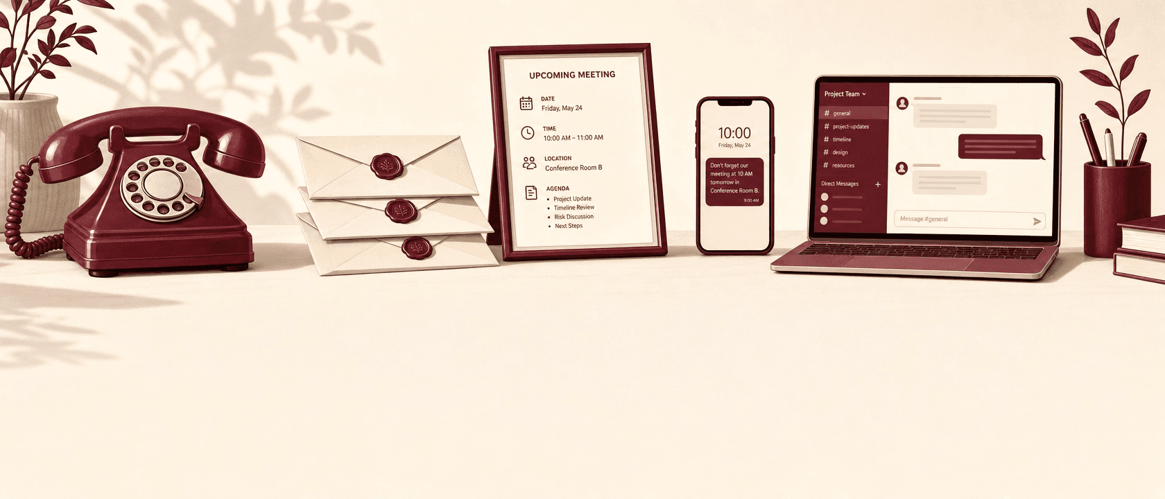 Bureau d'un chef de projet avec un téléphone rotatif vintage, des enveloppes scellées, un ordre du jour, un smartphone et un ordinateur portable.