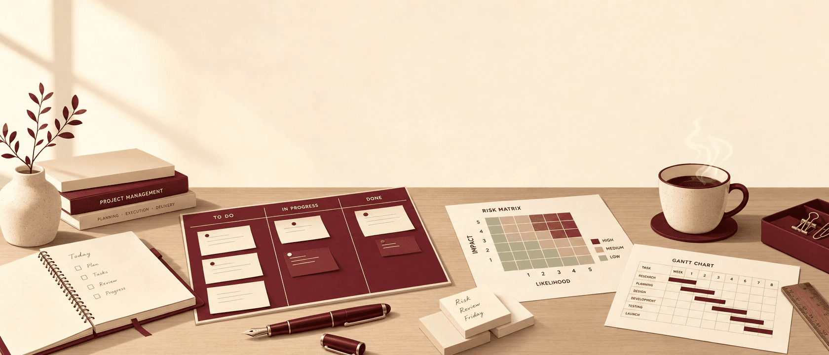 Bureau de gestion de projet avec fiches imprimées, tableau Kanban et diagramme de Gantt, palette crème et bordeaux.