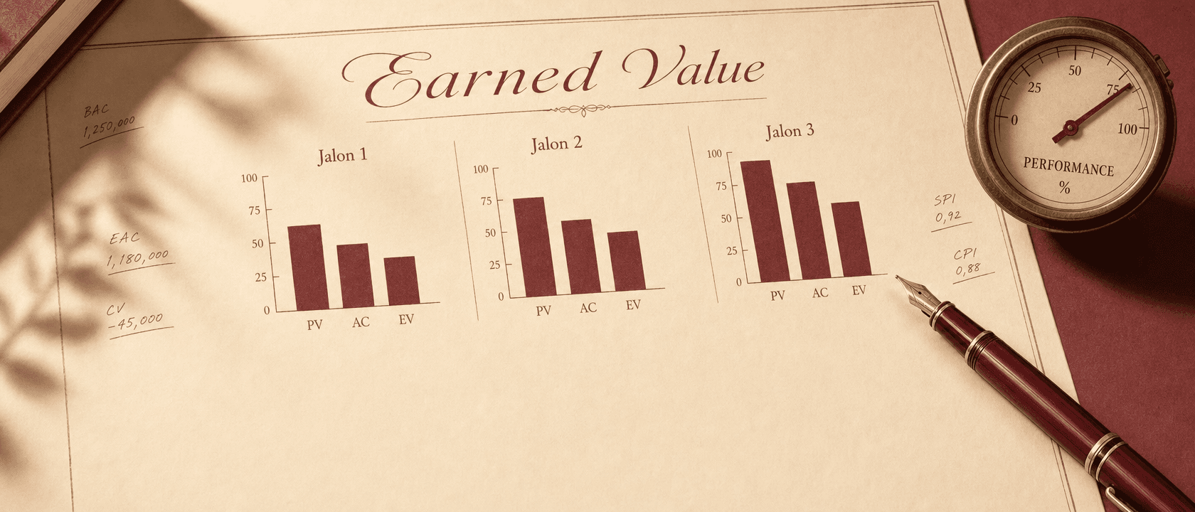 Tableau de bord Earned Value avec trois bar charts par jalon, annotations BAC EAC CV SPI CPI manuscrites et jauge analogique de performance.