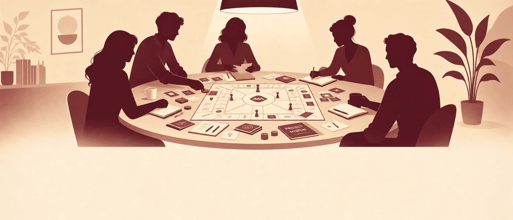 Cinq silhouettes bordeaux autour d'une table de jeu, ambiance d'équipe concentrée sur une partie en cours.