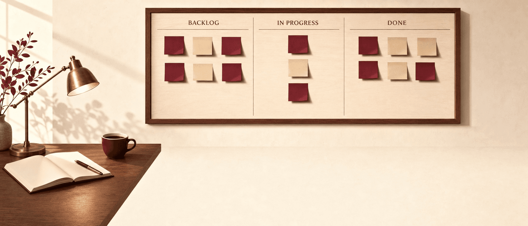 Tableau Kanban en bois fixé au mur, trois colonnes À faire, En cours et Servies avec des cartes de commandes bordeaux et beige.