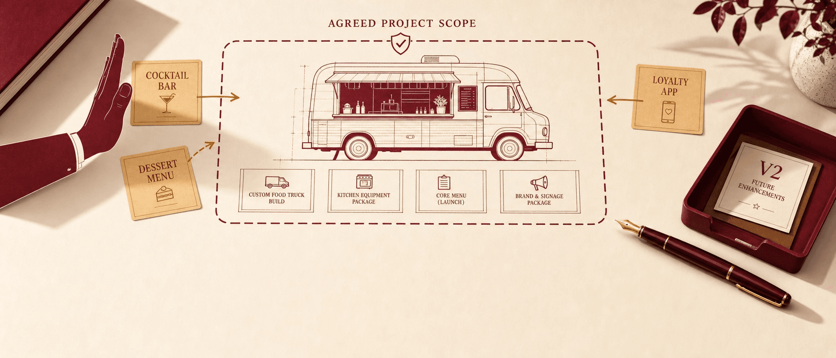 Un plan de food-truck entouré d'une ligne pointillée, des demandes de changement poussant de l'extérieur pour entrer dans le périmètre, sur papier crème.