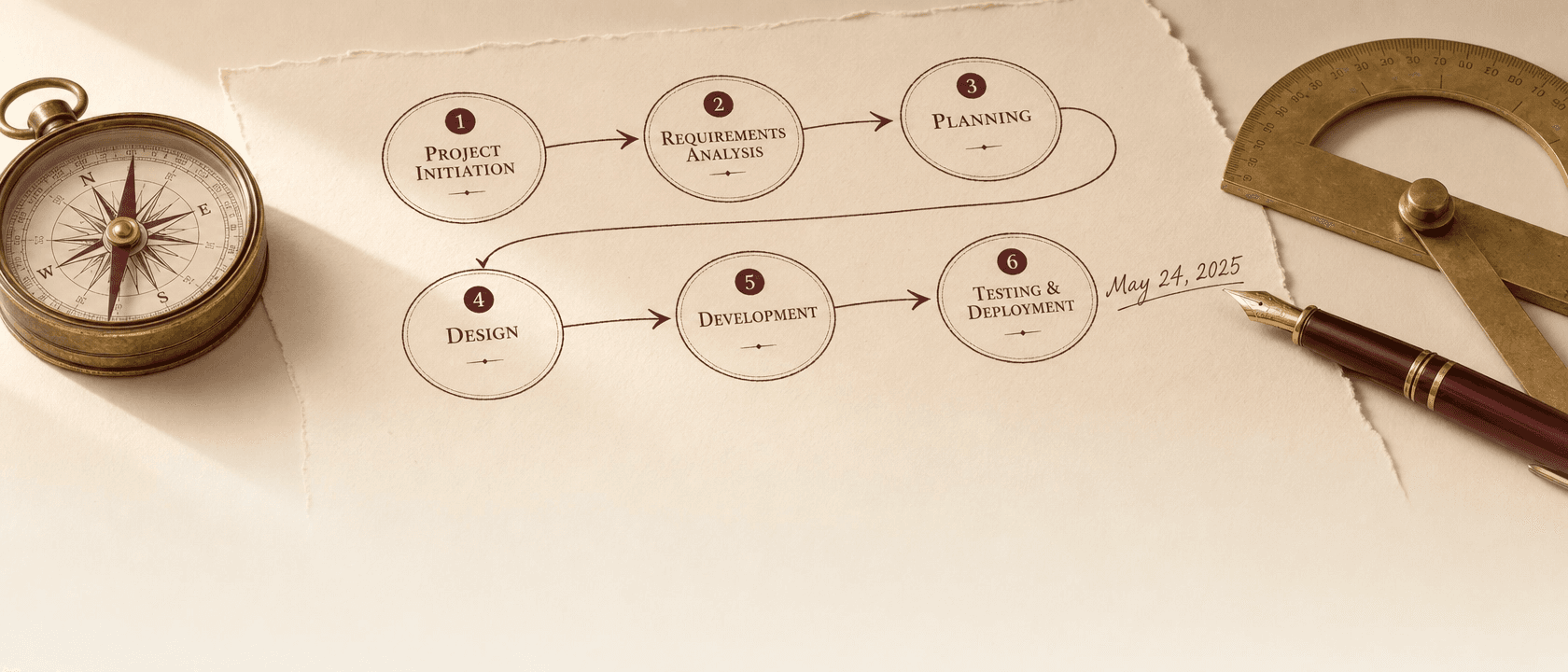 Réseau de six tâches connectées par des flèches sur papier crème, accompagné d'une boussole et d'un rapporteur en laiton.