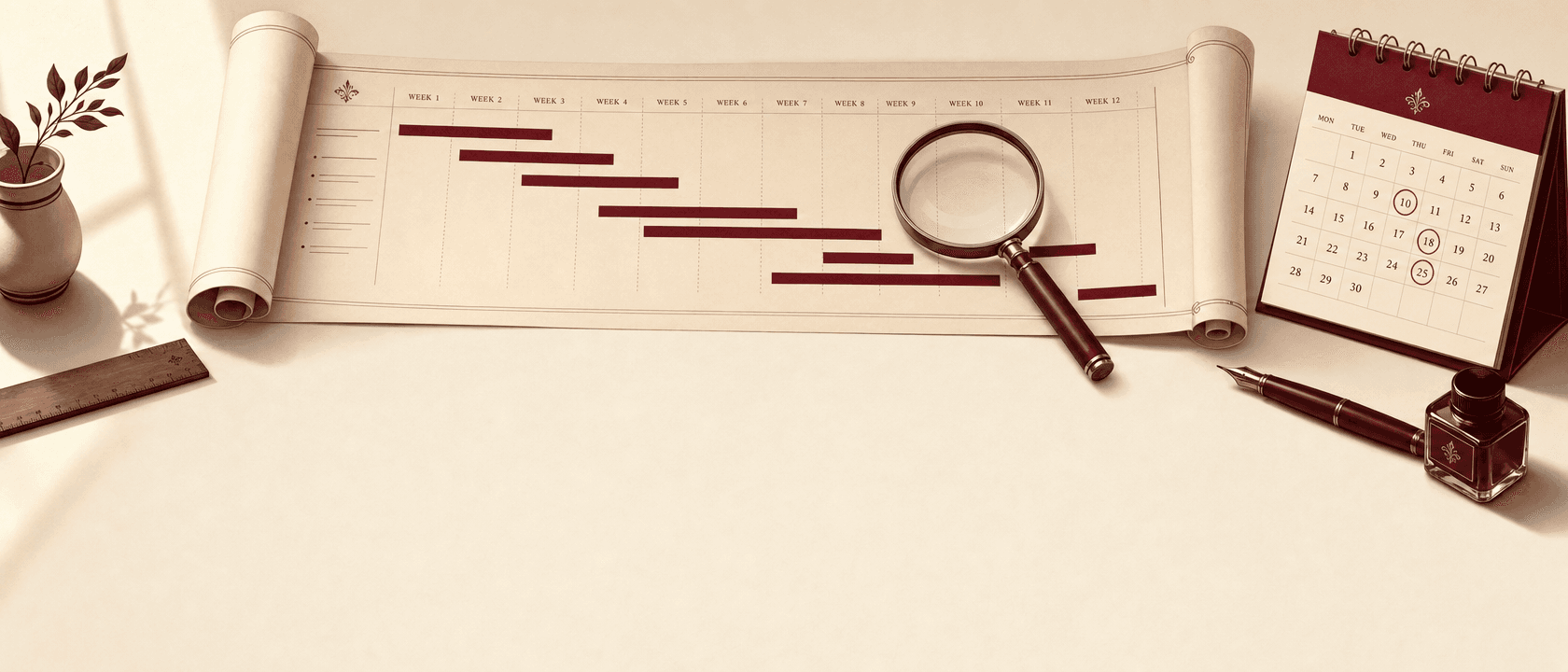 Parchemin déroulé avec un diagramme de Gantt aux barres bordeaux, accompagné d'une loupe et d'un calendrier.