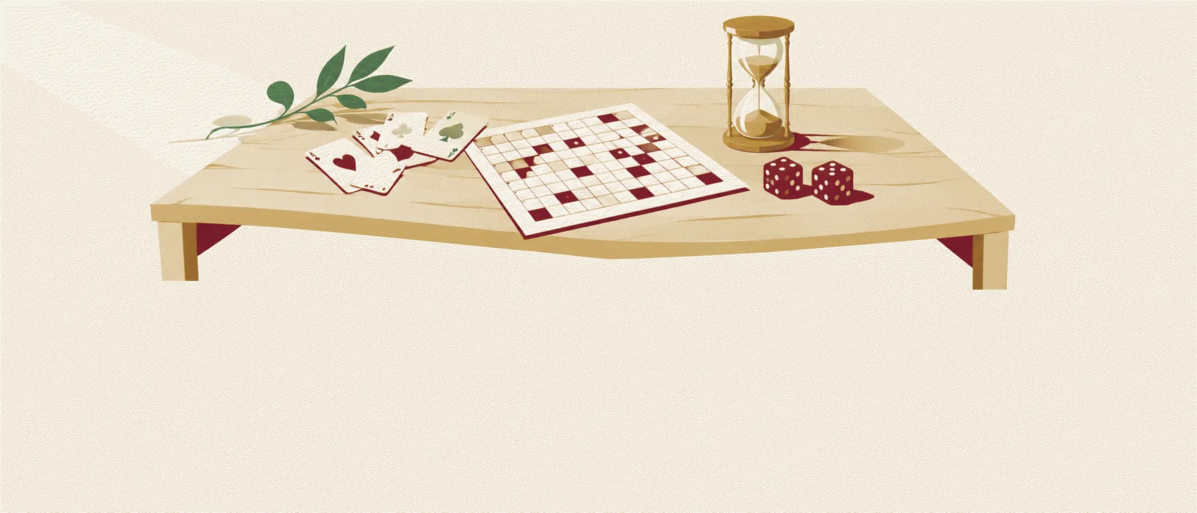 Une table basse en bois clair sur laquelle sont posés une grille de mots croisés, quelques cartes à jouer étalées, un sablier et deux dés.