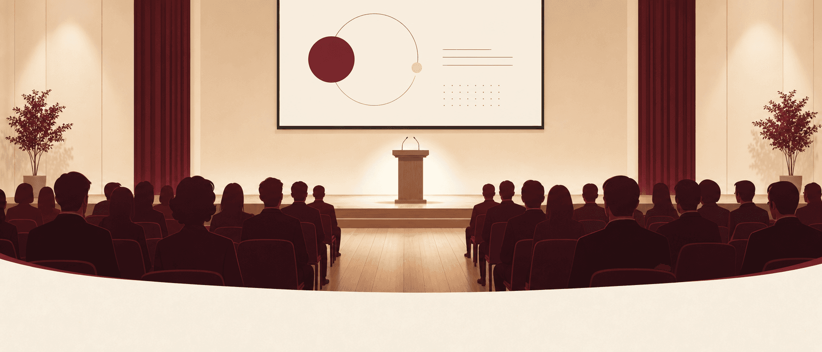 Salle de séminaire, public en silhouettes bordeaux, scène vide avec un pupitre éclairé et un écran de projection.