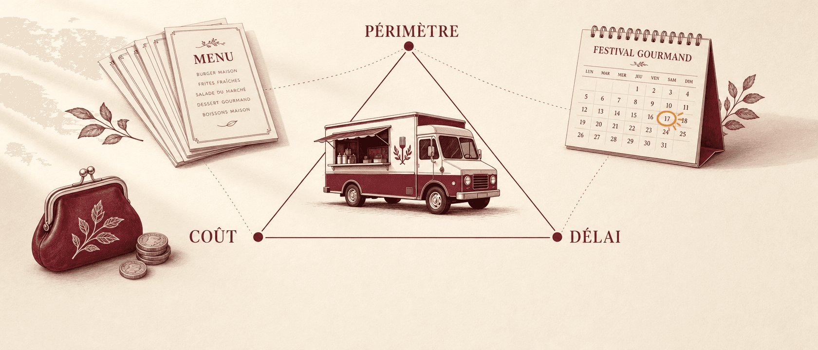 Le triangle des contraintes d'un projet de food-truck : périmètre, délai et coût aux trois sommets, le camion tenu en équilibre au centre.