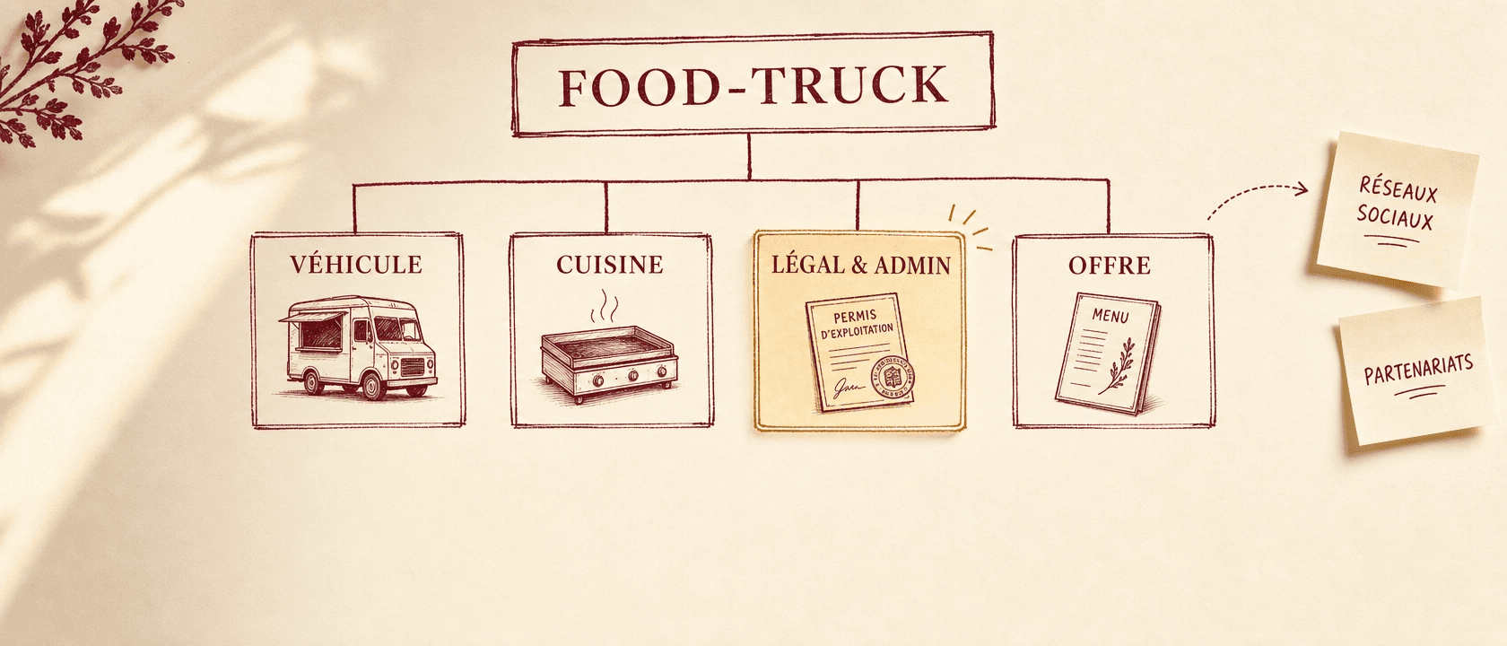 Un arbre de découpage du food-truck en quatre lots de livrables sur papier crème, le lot légal et administratif mis en avant.